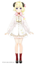 1girl 2017 2021 animal_ears arms_at_sides blonde_hair cardigan choker company_name copyright_notice curled_horns dress fuumi_(radial_engine) hair_ornament hair_ribbon hairpin headphones headphones_around_neck hololive horns mary_janes official_alternate_costume official_art open_cardigan open_clothes purple_eyes red_legwear ribbon ribbon_choker see-through_clothes sheep_ears sheep_girl sheep_horns shoes short_hair simple_background solo standing sweater tsunomaki_watame tsunomaki_watame_(street_casual) virtual_youtuber white_background