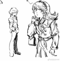 1boy 1girl belt coat cyborg cyborg_009 earrings francoise_arnoul full_body hair_between_eyes hair_over_one_eye jewelry long_hair looking_at_another open_mouth pants scarf shimamura_joe short_hair upper_body y3