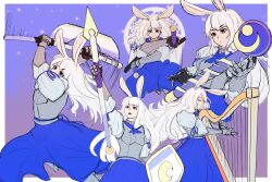 1girl animal_ears armor axe blue_eyes blue_skirt border breastplate celesionnn commentary cowboy_shot dual_wielding english_commentary gauntlets harp highres holding holding_axe holding_polearm holding_shield holding_staff holding_sword holding_weapon instrument long_hair looking_at_viewer magic_circle multiple_views outside_border polearm purple_background rabbit_and_steel rabbit_ears rabbit_girl rabbit_of_the_moon_shira shield shirt skirt spear staff sword weapon white_border white_hair white_shirt