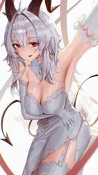 1girl absurdres alternate_costume arm_under_breasts bare_shoulders black_horns black_tail breasts chromatic_aberration commentary curled_horns demon_tail dress garter_straps grey_hair highres horns large_breasts long_hair looking_at_viewer parted_lips rakizuuu red_eyes solo tail thighhighs white_dress white_garter_straps white_thighhighs wuthering_waves zani_(wuthering_waves)