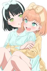 2girls :d :o absurdres aqua_eyes black_hair blue_hairband blue_shirt blunt_bangs blunt_ends blush bob_cut bow_hairband breasts cerise_bouquet commentary green_eyes hairband highres hinoshita_kaho hug hug_from_behind link!_like!_love_live! looking_at_another love_live! medium_breasts medium_hair momose_ginko morio_(mmorio_mu) multiple_girls open_mouth orange_hair parted_lips shirt short_hair simple_background sitting smile teeth upper_teeth_only virtual_youtuber white_background yellow_shirt yuri