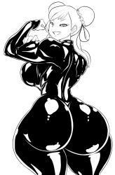 1girl ass bodysuit breasts capcom chun-li curvy double_bun female_focus flexing from_behind hair_bun highres huge_ass large_breasts latex looking_at_viewer looking_back shiny_clothes short_hair sideboob smile solo street_fighter thecon thick_thighs thighs white_background wide_hips
