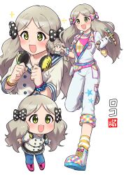 Rule 34 | 1girl, absurdres, bead bracelet, beads, black bow, black skirt, blue pantyhose, blush, boots, bow, bracelet, buttons, character name, chibi, clenched hands, dot nose, double-breasted, full body, gloves, green eyes, grey hair, hair bow, handa roco, hands up, headphones, headphones around neck, heisei retro, highres, holding, holding toy, idolmaster, idolmaster million live!, jacket, jewelry, leg up, long hair, long sleeves, low twintails, multicolored boots, ngetyan, open mouth, overalls, pantyhose, pink boots, pink shirt, polka dot, polka dot bow, print overalls, sailor collar, scrunchie, shirt, single glove, skirt, smile, socks, sparkle, sparkling eyes, striped clothes, striped socks, toy, twintails, upper body, v-shaped eyebrows, white background, white gloves, white jacket, white overalls, wrist scrunchie, yellow socks