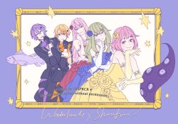 1000-nen_ikiteru_(vocaloid) 2boys 3girls :d artist_name bare_shoulders black_suit blonde_hair blue_dress blue_flower blue_gloves blue_rose commentary dress english_commentary fish flower formal_clothes frown gloves gradient_hair green_hair group_name hair_flower hair_ornament jewelry kamishiro_rui kusanagi_nene long_hair looking_at_viewer megurine_luka multicolored_hair multiple_boys multiple_girls necklace ohprcr ootori_emu open_mouth orange_hair orange_shirt pink_gloves pink_hair portrait_(object) project_sekai purple_hair purple_shirt red_dress red_flower red_rose rose shirt short_hair smile strapless strapless_dress suit tenma_tsukasa tentacles vocaloid watermark wonderlands_x_showtime_(project_sekai) wonderlands_x_showtime_luka yellow_dress yellow_flower yellow_gloves yellow_rose