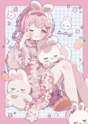 1girl :3 ;o absurdres animal_ears aqua_background blush braid braided_hair_rings carrot_hair_ornament dress flower food-themed_hair_ornament grid_background hair_ornament hair_rings hairband highres knees knees_up long_hair long_sleeves looking_at_viewer nijisanji one_eye_closed open_mouth pink_background pink_dress pink_eyes pink_hair pink_ribbon rabbit_ears ribbon rubbing_eyes slippers solo stuffed_animal stuffed_carrot stuffed_rabbit stuffed_toy suo_sango suo_sango_(2nd_costume) tearing_up thighs tobun_sub virtual_youtuber white_hairband white_slippers