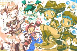 Rule 34 | &gt; &lt;, + +, 5girls, :3, ?, animal, animal in clothes, armband, arrow (symbol), art study, beret, blunt bangs, blush stickers, boots, bracelet, braid, bust a move, christy frisby, closed mouth, collar, collared dress, columbo (bust a move), cool cool toon, cowboy boots, cowboy hat, dog, dot mouth, dot nose, dress, dual persona, earrings, fingerless gloves, freckles, frills, full body, gitaroo man, gloves, guitar, hat, headphones, heart, holding, holding guitar, holding instrument, instrument, jewelry, kirah (gitaroo man), knee boots, leg up, limited palette, long sleeves, low twin braids, low twintails, midriff, miniskirt, multiple girls, musical note, one eye closed, open mouth, outstretched arms, overalls, pixel art, pointing, pointing at self, puma (gitaroo man), rain (technictix), raised eyebrows, ripples, shirt, shorty (bust a move), side ponytail, single fingerless glove, skirt, smile, spica (cool cool toon), spiked bracelet, spiked collar, spikes, squatting, striped clothes, striped shirt, technictix, turtleneck, turtleneck dress, twin braids, twintails, very long sleeves