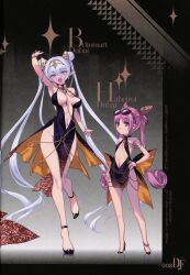 Rule 34 | 2girls, absurdres, bare shoulders, bb (fate), bb dubai (fate), bb dubai (fate) (cosplay), black dress, blue eyes, blush, bracelet, breasts, britomart (fate), center opening, choco (chocolate shop), cleavage, cosplay, double bun, dress, fate/grand order, fate (series), full body, grey hair, habetrot (fate), hair bun, hairband, high heels, highres, jewelry, large breasts, long hair, looking at viewer, multiple girls, navel, necklace, open mouth, pelvic curtain, pink hair, pointy ears, red eyes, scan, side slit, sidelocks, small breasts, smile, twintails, very long hair