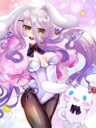 1girl animal_ears black_pantyhose breasts carrot_hair_ornament cinnamoroll coat food-themed_hair_ornament fumizuki_kazuhito fur_coat fuwa_fuwa_cinnamoroll grey_hair hair_ornament hairpin henya_the_genius highres leotard long_bangs long_hair multicolored_hair pantyhose playboy_bunny purple_hair rabbit_ears rabbit_girl rabbit_tail sanrio small_breasts smile solo strapless strapless_leotard streaked_hair tail very_long_hair virtual_youtuber vshojo white_leotard yellow_eyes