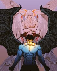 2boys abs angel_wings berserk black_hair blue_eyes body_markings completely_nude demon_wings devilman grey_background griffith_(berserk) grin guts_(berserk) long_hair male_focus multiple_boys multiple_wings muscular muscular_male nisino2222 nude pursed_lips shaded_crotch sharp_teeth short_hair smile teeth white_hair wing_ears wings