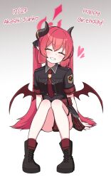 Rule 34 | 1girl, ^ ^, black boots, black shirt, blue archive, blush, boots, character name, closed eyes, collared shirt, commentary, dated, demon girl, demon horns, demon wings, english commentary, facing viewer, full body, gradient background, grey background, grin, halo, happy birthday, heart, highres, horns, junko (blue archive), knees up, long hair, low wings, nanju bami, necktie, plaid clothes, plaid skirt, red hair, red necktie, red skirt, red wings, shirt, short sleeves, sitting, skirt, smile, solo, thigh gap, twintails, very long hair, white background, wings