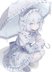 1girl full_body highres hinomiya_shiyou_(ly05yy) holding holding_umbrella long_hair looking_to_the_side mary_janes original shadow shoes solo squatting umbrella white_background white_eyes white_hair white_headdress