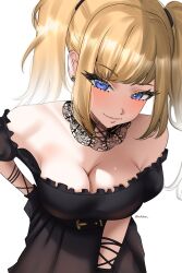 1girl absurdres ani_(xai) belt black_belt black_dress black_gloves blonde_hair blue_eyes breasts choker cleavage closed_mouth dress eyelashes gloves hand_on_own_hip helldeer highres lace-trimmed_choker lace_trim off-shoulder_dress off_shoulder smile solo twintails twitter_username upper_body white_background xai_(company)
