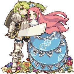 2girls 7th_dragon 7th_dragon_(series) armor blue_dress crown dress flower_bed full_armor gauntlets gown green_eyes green_hair highres holding holding_sword holding_weapon hug kate_(7th_dragon) knight knight_(7th_dragon) long_hair maron_(7th_dragon) mota multiple_girls official_art pants pauldrons pink_hair princess_(7th_dragon) shoulder_armor striped_clothes striped_pants sword vertical-striped_clothes vertical-striped_pants very_long_hair weapon