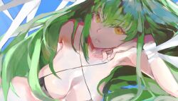 Rule 34 | 1girl, bikini, black bikini, blue background, breasts, c.c., cleavage, code geass, criss-cross straps, green hair, highres, leaning on self, long hair, looking at viewer, ribbon, shru (ss sl99), solo, swimsuit, very long hair, wrist ribbon, yellow eyes