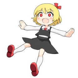1girl black_skirt black_vest blonde_hair blush collared_shirt commentary cookie_(touhou) fang flat_chest full_body hair_ribbon hospital_king long_sleeves looking_at_viewer nadeko_(cookie) necktie open_mouth outstretched_arms red_eyes red_footwear red_necktie red_ribbon ribbon rumia shirt short_hair simple_background skirt skirt_set smile socks solo spread_arms touhou transparent_background vest white_shirt white_socks