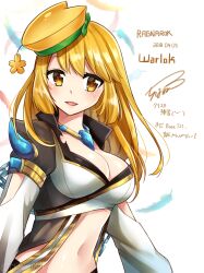 1girl blonde_hair breasts character_name cleavage coat commentary_request crop_top dated grey_coat hat long_hair looking_at_viewer medium_breasts mio1030 navel open_clothes open_coat open_mouth ragnarok_online shirt simple_background smile solo suspenders upper_body warlock_(ragnarok_online) white_background white_shirt yellow_eyes yellow_hat