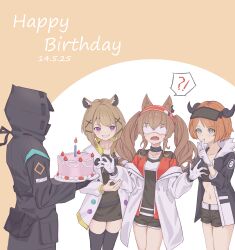 !? 1other 3girls absurdres angelina_(arknights) animal_ears arknights belt birthday birthday_cake black_coat black_collar black_horns black_shorts black_thighhighs blindfold blue_eyes breasts cake candle coat collar covered_eyes cow_horns croissant_(arknights) doctor_(arknights) dot_nose earpiece finger_to_mouth food fox_ears fur-trimmed_jacket fur_trim gloves grin hair_ornament hairband happy_birthday highres hood hood_up hooded_coat horns infection_monitor_(arknights) jacket multiple_girls open_clothes open_coat open_jacket open_mouth orange_hair penguin_logistics_logo purple_eyes red_hairband red_jacket short_hair short_shorts shorts shushing simple_background small_breasts smile spoken_interrobang striped_clothes striped_hairband thighhighs twintails two-tone_background two-tone_hairband utage_(arknights) visor_cap vulphree white_background white_belt white_coat white_gloves x_hair_ornament yellow_background zettai_ryouiki