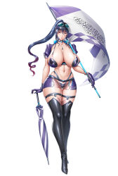 Rule 34 | 1girl, black hair, black thighhighs, breasts, cropped jacket, fei (maidoll), flag, gloves, high ponytail, highleg, highleg panties, highres, holding, holding flag, huge breasts, jacket, jewelry, miniskirt, navel, necklace, official art, panties, parted lips, ponytail, purple gloves, purple jacket, purple skirt, race queen, see-through clothes, simple background, skirt, solo, sunglasses, taimanin (series), taimanin rpgx, thighhighs, uehara rin, umbrella, underwear, white background