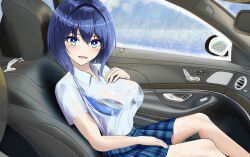bikini bikini_under_clothes blue_eyes blue_hair blue_skirt blush car_interior dolphin_wave hand_on_own_chest hand_on_own_crotch highres kirishima_uniform looking_at_viewer open_mouth pov rain see-through_clothes shirt short_hair skirt swimsuit swimsuit_under_clothes taraba_(redkingtaraba) tojou_michiru wet wet_clothes wet_shirt white_shirt