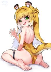 1girl absurdres animal_ear_fluff animal_ears ass back backless_leotard barefoot bell blonde_hair cameltoe claw_pose colored_inner_hair commentary fang feet from_behind full_body green_eyes highleg highleg_leotard highres jingle_bell ju_fufu leotard long_hair looking_at_viewer looking_back matsumaramara multicolored_hair open_mouth simple_background sitting skin_fang soles solo strapless strapless_leotard tail thigh_strap tiger_ears tiger_girl tiger_tail toes wariza white_background white_hair yellow_leotard zenless_zone_zero