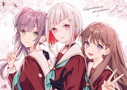 3girls black_gloves brown_hair closed_mouth double_v english_text falling_petals fujishima_megumi gloves graduation grey_hair hair_ornament half_gloves hasu_no_sora_school_uniform highres link!_like!_love_live! long_hair long_sleeves looking_at_viewer love_live! multiple_girls neckerchief open_mouth otomune_kozue parted_lips petals purple_hair sailor_collar school_uniform short_hair smile tadano_yukiko teeth upper_teeth_only v virtual_youtuber white_sailor_collar yugiri_tsuzuri
