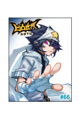 Rule 34 | 1boy, aotu world, asymmetrical gloves, bandana, black gloves, black hair, black shirt, border, chinese commentary, closed mouth, copyright name, fingerless gloves, gloves, hair between eyes, headband, highres, hood, hood down, hooded jacket, jacket, looking at viewer, male focus, numbered, official art, pointy ears, purple eyes, qi chuang she, ray (aotu world), shirt, short sleeves, simple background, solo, spiked hair, star (symbol), star print, turtleneck, white background, white gloves, white headband, white jacket