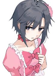 absurdres antenna_hair blurry choker depth_of_field dress flower frilled_choker frills hair_ornament hand_on_own_chest highres idolmaster idolmaster_(classic) kikuchi_makoto leaning_forward light_blush miyagi parted_bangs pink_dress pink_flower pink_ribbon pink_rose ribbon rose simple_background white_background