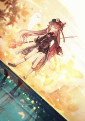 Rule 34 | 1girl, black shoes, black shorts, boo tao (genshin impact), brown coat, brown hair, closed eyes, coat, dutch angle, facing viewer, genshin impact, ghost, highres, holding, holding polearm, holding weapon, hu tao (genshin impact), long hair, open mouth, polearm, shima haruka (ruetrica), shoes, shorts, smile, socks, solo, staff of homa (genshin impact), twintails, very long hair, weapon, white socks