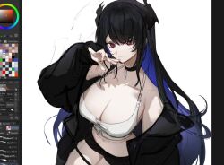 Rule 34 | 1girl, :|, art program in frame, black hair, black jacket, black shoes, bra, breasts, cleavage, closed mouth, colored inner hair, corset, cowboy shot, from above, hand on own chin, headband, hololive, hololive english, jacket, jacket partially removed, large breasts, long hair, looking at viewer, multicolored hair, nerissa ravencroft, red eyes, shoes, short shorts, shorts, sidelocks, simple background, solo, spaghetti strap, underwear, very long hair, virtual youtuber, white background, yoimon