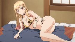 1girl 2022 20s animated animated_gif ass bikini black_bikini blonde_hair bouncing_breasts bracelet breasts choker closed_eyes collar collarbone female_focus floral_print groin hand_on_own_head head_rest jewelry kitagawa_marin large_breasts long_hair lying nail_polish navel on_side ring side-tie_bikini_bottom sideboob smile solo sono_bisque_doll_wa_koi_wo_suru stomach string_bikini swimsuit tagme teeth thighs underboob