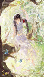 1girl barefoot bird black_hair braid branch flower full_body hair_ornament highres long_hair original qian_shushushu ribbon sitting solo tree twin_braids water