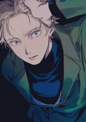 1boy black_background black_shirt blonde_hair blue_eyes char_aznable green_jacket gundam gundam_gquuuuuux hair_slicked_back highres jacket kena131 long_sleeves looking_at_viewer male_focus shirouzu_(gundam) shirt short_hair simple_background solo turtleneck upper_body