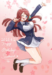 Rule 34 | 1girl, ;d, ahoge, arms up, blue bow, blue bowtie, blue eyes, blush, bow, bowtie, breasts, brown shoes, cherry blossoms, dated, floral background, full body, happy birthday, highres, jumping, large breasts, long hair, minamoto sakura, miniskirt, one eye closed, open mouth, paso, red hair, school uniform, serafuku, shoes, skirt, smile, socks, solo, thighs, very long hair, white skirt, white socks, zombie land saga