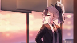 1girl absurdres black_hair black_horns black_necktie black_suit blue_archive closed_mouth collared_shirt commentary creenoy demon_horns ear_piercing english_commentary evening formal_clothes grey_hair hair_between_eyes halo highres horns indoors jacket kayoko_(blue_archive) long_sleeves mixed-language_commentary necktie open_clothes open_jacket piercing ponytail red_eyes shirt sidelocks solo suit suit_jacket white_shirt window