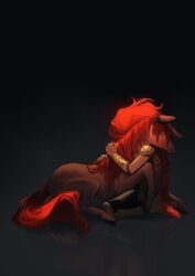 1boy aged_down arm_guards armor black_background braid elden_ring highres horsearmor hug leonard_(elden_ring) long_hair male_focus red_hair shoulder_armor simple_background starscourge_radahn tworain_w very_long_hair