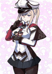 Rule 34 | 1girl, anchor, black pantyhose, blonde hair, blue eyes, breasts, capelet, celtic knot, clover background, cowboy shot, cross, fairy (kancolle), graf zeppelin (kancolle), hair between eyes, hat, highres, iron cross, kanmiya shinobu, kantai collection, knot print, large breasts, long hair, long sleeves, military hat, military uniform, pantyhose, peaked cap, pink background, sidelocks, smile, twintails