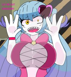 breast_press breasts breasts_focus colored_skin dialogue_box fangs hair_ornament heart heart_hair_ornament highres its_archvile large_breasts lobotomy_corporation long_hair magical_girl multicolored_hair project_moon queen_of_hatred short_twintails solo solo_focus tongue twintails upper_body white_skin window yellow_eyes