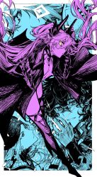 2boys aiiro ashoka_(fate) body_markings breasts candy choker cleavage dante_alighieri_(fate) demon_horns fate/grand_order fate_(series) food full_body highres horns jacket jeanne_d&#039;arc_(fate) lilith_(fate) lollipop lollipop_in_mouth long_hair looking_at_viewer medium_hair metatron_jeanne_(fate) multiple_boys twintails yellow_eyes