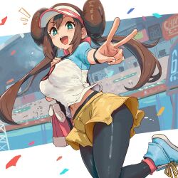 1girl absurdres bag black_pantyhose blue_eyes blush bracelet breasts brown_hair donut_hair_bun double_bun hair_bun hat highres ishijimajirou jewelry large_breasts long_hair looking_at_viewer navel nintendo open_mouth pantyhose pantyhose_under_shorts pokemon pokemon_bw2 raglan_sleeves rosa_(pokemon) shirt shorts shoulder_bag smile solo stomach sweat sweatdrop textless_version twintails v visor_cap yellow_shorts
