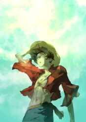 Rule 34 | 1boy, arm up, black hair, blue shorts, blue sky, closed mouth, cloud, cloudy sky, cowboy shot, cross scar, emean1112, hand on headwear, hat, highres, looking up, male focus, monkey d. luffy, navel, one piece, open clothes, open shirt, outdoors, red shirt, sash, scar, scar on chest, shirt, short hair, shorts, sky, solo, stomach, straw hat, yellow sash