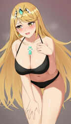 1girl absurdres amayo_thranana averting_eyes black_bra black_panties blonde_hair blush bra breasts cleavage core_crystal_(xenoblade) cowboy_shot earrings grey_background highres jewelry large_breasts leaning_forward long_hair mythra_(xenoblade) navel open_mouth panties solo tiara underwear xenoblade_chronicles_(series) xenoblade_chronicles_2 yellow_eyes