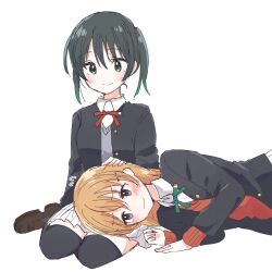 2girls black_hair blush closed_mouth collared_shirt commentary_request embarrassed gradient_hair green_eyes green_hair jacket konoe_kanata lap_pillow long_hair love_live! love_live!_nijigasaki_high_school_idol_club lying multicolored_hair multiple_girls neck_ribbon nijigasaki_school_uniform on_side open_clothes open_jacket orange_hair purple_eyes ribbon school_uniform shirt shore simple_background takasaki_yu thighhighs twintails watanabe_nako white_background