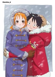Rule 34 | 1boy, 1girl, arms around waist, black hair, blush, breath, brown eyes, brown gloves, closed mouth, coat, commentary, cowboy shot, facial scar, fur-trimmed coat, fur trim, gloves, grey sky, hat, hood, hooded coat, hug, long hair, long sleeves, looking at viewer, monkey d. luffy, nami (one piece), norisiro 0, official alternate costume, one piece, orange hair, outdoors, purple coat, red coat, scar, scar on cheek, scar on face, short hair, sidelocks, sky, snow, snowing, straw hat, twitter username, unworn hat, unworn headwear, winter clothes