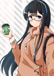 1girl absurdres alternate_costume backpack bag black_hair blue_hairband commission drawstring glasses green_eyes hairband highres hood hooded_sweater hoodie kantai_collection komb long_hair looking_at_viewer ooyodo_(kancolle) orange_sweater semi-rimless_eyewear solo striped_background sweater tumbler under-rim_eyewear upper_body