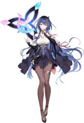 1girl bare_shoulders black_gloves black_hairband black_sleeves blue_footwear blue_hair bodystocking bracelet breasts closed_mouth collared_dress covered_navel detached_sleeves diamond_(shape) dress elbow_gloves elf epic_seven finger_to_own_chin fingerless_gloves floating floating_object frills full_body fumyr_(epic_seven) furrowed_brow gloves gold_bracelet gold_thighlet hair_ornament hairband jewelry lightning_bolt lightning_bolt_hair_ornament lightning_bolt_symbol long_hair medium_breasts mole mole_under_mouth multicolored_hair official_art pelvic_curtain pink_hair pointy_ears pouch red_ribbon ribbon see-through_clothes sidelocks sleeveless smile streaked_hair tachi-e tassel thighlet third-party_source transparent_background wide_sleeves