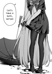 Rule 34 | 1girl, absurdres, black pantyhose, black sailor collar, black serafuku, black shirt, black shoes, black skirt, blue archive, clover dot (clov erd), commentary, english text, greyscale, highres, loafers, long hair, lower body, miniskirt, monochrome, neckerchief, pantyhose, plana (blue archive), pleated skirt, sailor collar, school uniform, serafuku, shirt, shoes, short sleeves, simple background, skirt, solo, speech bubble, standing, straight hair, umbrella, very long hair, wet, wet clothes, white background, wringing clothes, wringing skirt