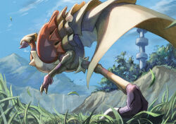 closed_mouth cloud commentary_request day espathra falling_leaves grass hisui-cha leaf nintendo no_humans outdoors pokemon pokemon_(creature) pokemon_focus signature sky solo standing standing_on_one_leg