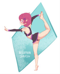 1girl absurdres aisuman artist_name bare_shoulders black_skirt black_sports_bra blush breasts closed_mouth detached_sleeves diamond-shaped_pupils diamond_(shape) feet female_focus flexible from_side full_body hair_ornament hairclip highres lips loli looking_at_viewer looking_to_the_side original pink_hair pointing pointy_ears profile purple_eyes short_hair sidelocks sideways_glance skirt small_breasts smile solo sports_bra standing standing_on_one_leg symbol-shaped_pupils thighs tiptoes toes yoga