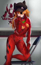 1girl black_hat blush bodysuit breasts brown_hair chair commentary_request covered_navel evangelion:_3.0_you_can_(not)_redo eyepatch hand_up hat highres indoors jacket mecha_pilot_suit medium_breasts neon_genesis_evangelion one_eye_covered open_clothes open_jacket plugsuit_(evangelion) rebuild_of_evangelion red_jacket skin_tight solo souryuu_asuka_langley two_side_up yana-ma