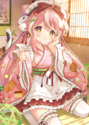 1girl absurdres ahoge blush bow breasts brown_eyes cat_tail closed_mouth commentary_request curled_fingers day floral_print food_print frilled_skirt frilled_sleeves frilled_thigh_strap frills gradient_eyes green_bow hair_between_eyes hair_bow hand_on_own_cheek hand_on_own_face hands_up highres indoors japanese_clothes kemamire kimono kimono_skirt layered_skirt lens_flare long_hair long_sleeves looking_at_viewer maid maid_headdress multicolored_eyes multicolored_hair no_shoes obi on_floor original paw-shaped_pupils pink_bow pink_hair pink_kimono print_kimono red_bow sash sitting skirt small_breasts smile solo streaked_hair symbol-shaped_pupils tail tareme thigh_strap thighhighs wa_maid wariza white_thighhighs wide_sleeves window zettai_ryouiki
